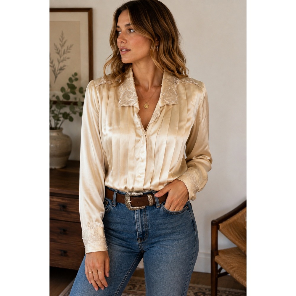 Paul Alexander Silk Pintuck Blouse Champagne Gold Pearl Lace Embroidered Size 4